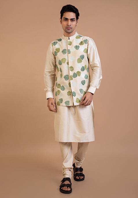 Beige Embroidered Cotton Silk Kurta Set With Bundi Jacket For Men