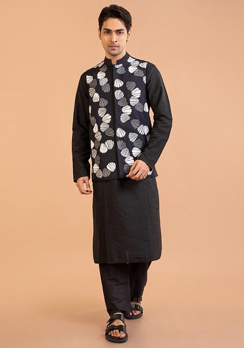 Black Thread Embroidered Kurta Set With Bundi Jacket For Men