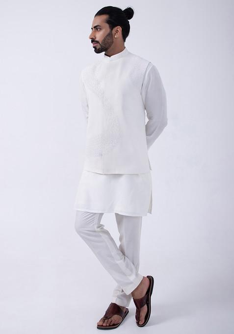 Ivory Embroidered Bam And Cotton Silk Bundi Jacket And Kurta Set For Men