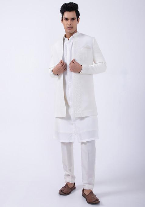 Ivory Embroidered Open Jacket And Kurta Set For Men