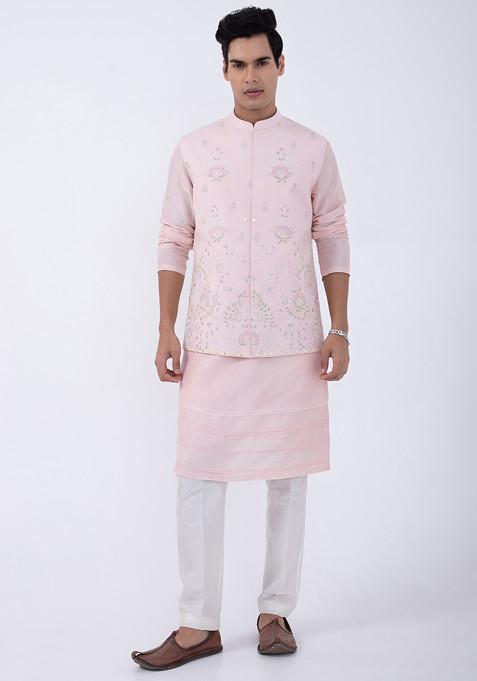 Baby Pink And Ivory Embroidered Bundi Jacket And Kurta Set For Men