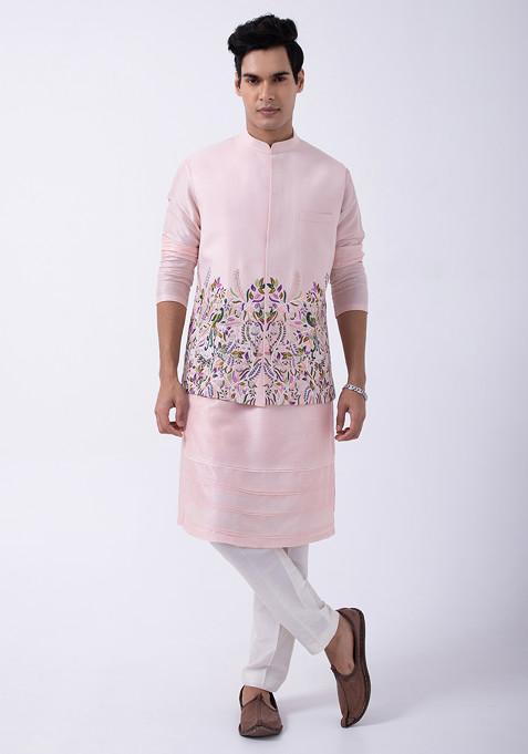 Baby Pink And Ivory Embroidered Bam Silk Bundi And Kurta Set For Men