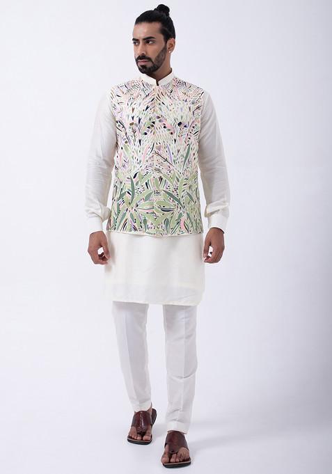 Ivory Embroidered Cotton Silk And Bam Silk Bundi Jacket And Kurta Set For Men