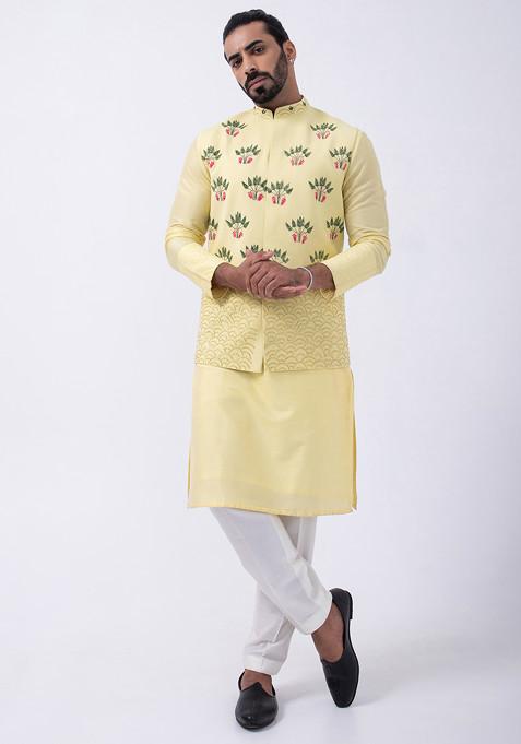 Yellow And Ivory Embroidered Cotton Silk And Bam Silk Bundi Jacket And Kurta Set For Men