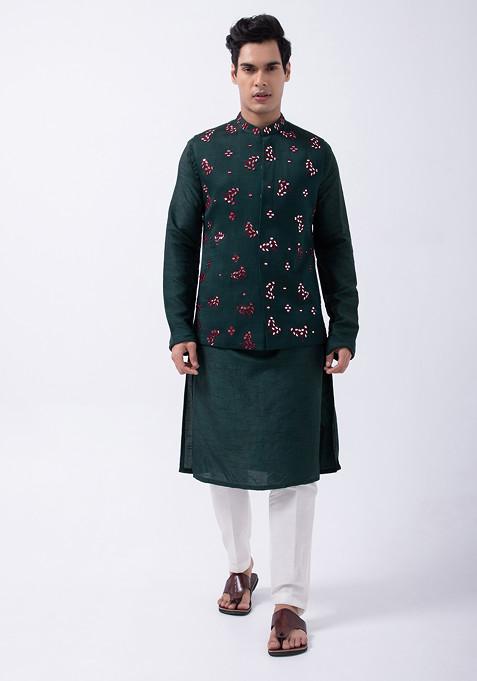 Bottle Green And Ivory Embroidered Bam Silk Bundi Jacket And Kurta Set For Men