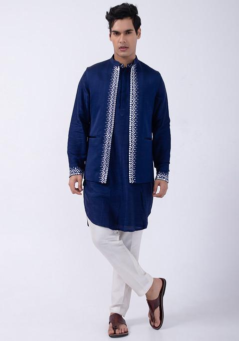 Navy Blue And Ivory Embroidered Bam Silk Bundi Jacket And Kurta Set For Men