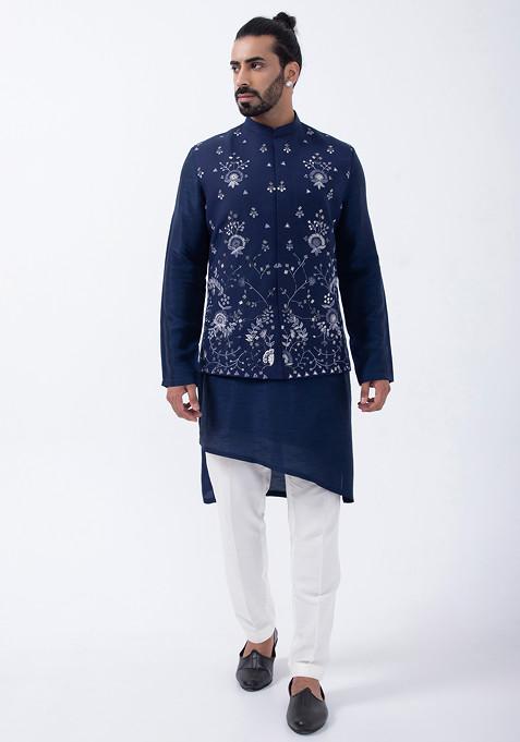 Navy Blue Embroidered Bam Silk Bundi Jacket And Kurta Set For Men 