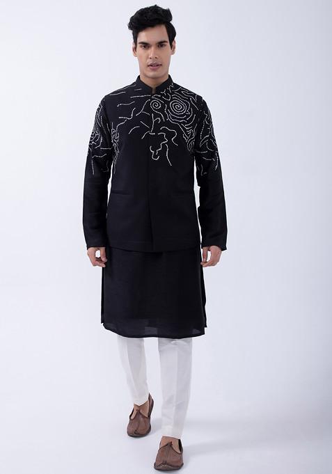 Black And Ivory Embroidered Bam Silk Bundi Jacket And Kurta Set For Men