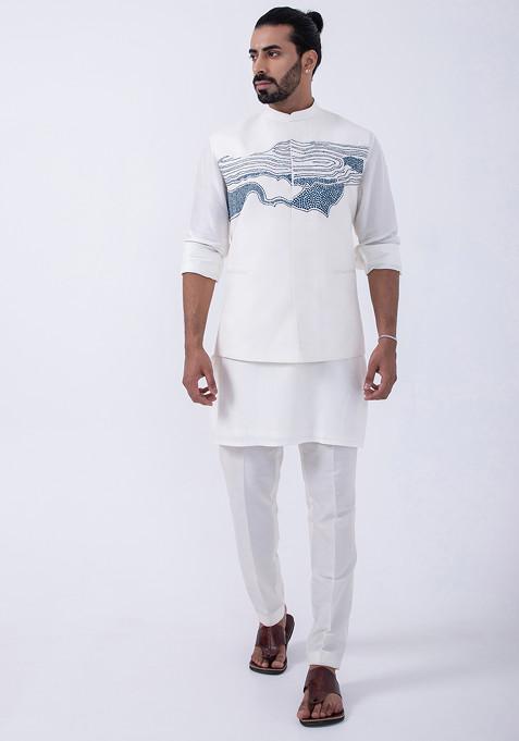 Ivory Cotton And Bam Silk Embroidered Bundi Jacket And Kurta Set For Men