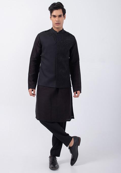 Black And Ivory Embroidered Cotton And Bam Silk Bundi Jacket And Kurta Set For Men