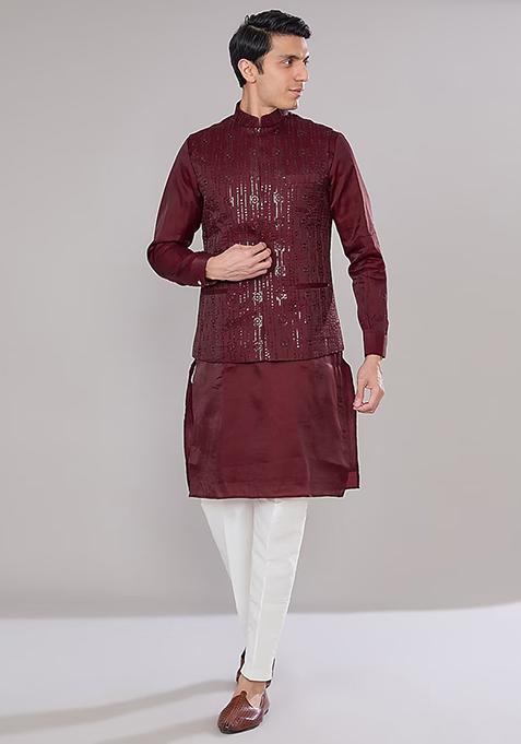 Maroon Embroidered Silk Jacket And Kurta Set For Men