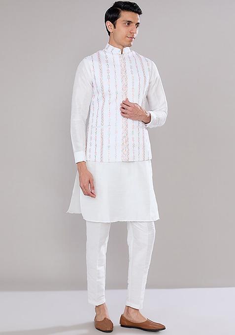 Off White Embroidered Raw Silk Jacket And Kurta Set For Men