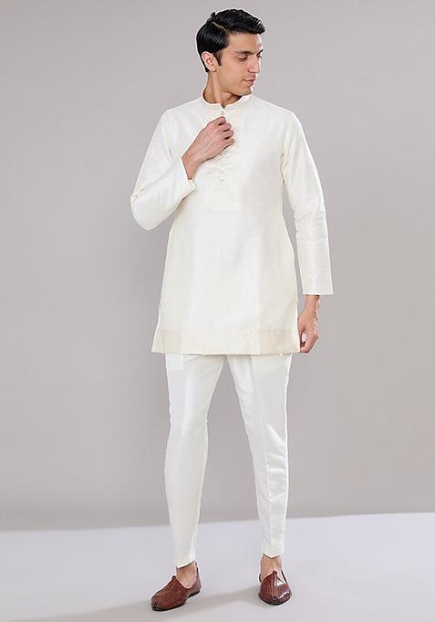 Off White Embroidered Raw Silk Short Jacket And Kurta Set For Men