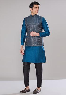 Royal Blue Embroidered Raw Silk Kurta Set For Men