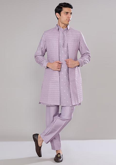 Lavender Embroidered Terry Silk Shrug With Kurta Set For Men