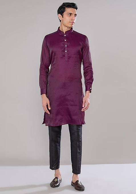 Wine Embroidered Terry Silk Jacket And Kurta Set For Men
