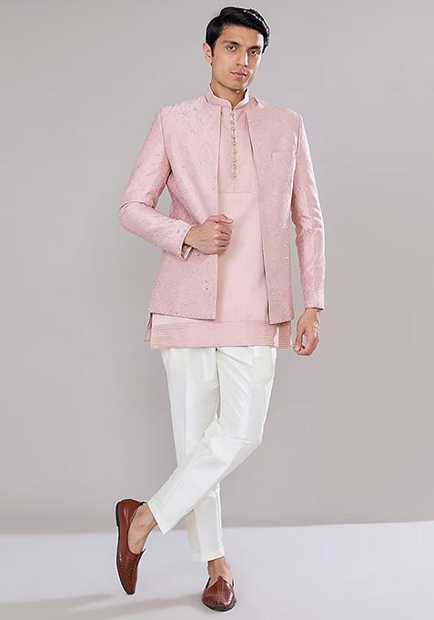 Old Rose Embroidered Raw Silk Short Jacket And Kurta Set For Men