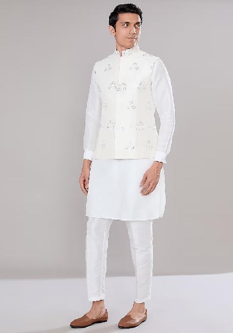 Off White Embroidered Silk Jacket And Kurta Set For Men
