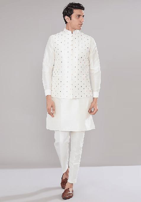 Off White Embroidered Dupion Silk Jacket And Kurta Set For Men