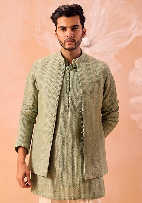 Green Hand Embroidered Open Nehru Jacket Set For Men