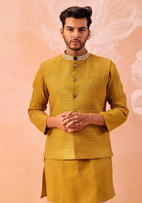 Mustard Cutdana Embellished Nehru Jacket Set For Men