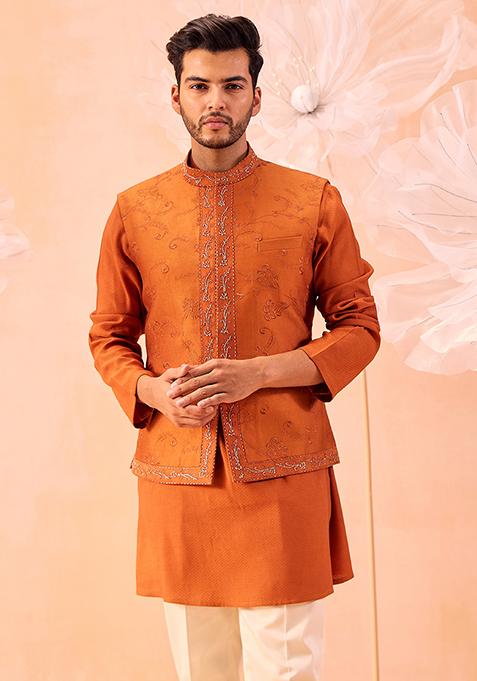 Orange Floral Embroidered Nehru Jacket Set For Men