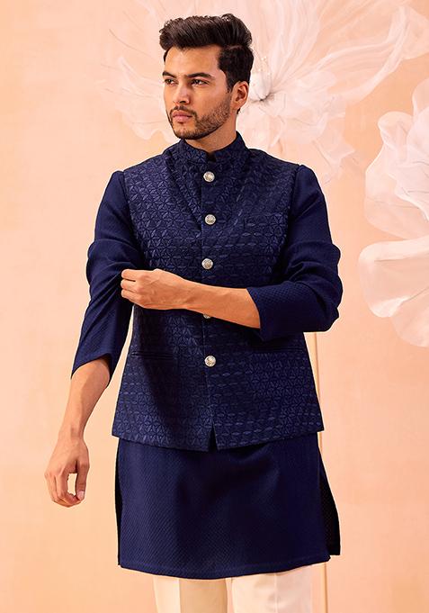 Navy Floral Embroidered Nehru Jacket Set For Men