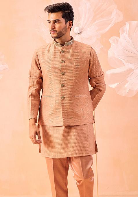 Brown Hand Embroidered Soft Silk Nehru Jacket Set For Men