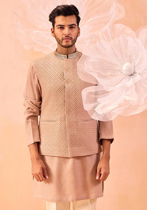 Pastel Pink Cutdana Embroidered Nargis Nehru Jacket Set For Men