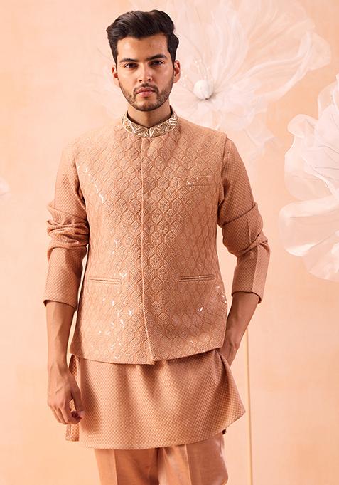 Pastel Pink Cutdana Embroidery Nehru Jacket Set For Men