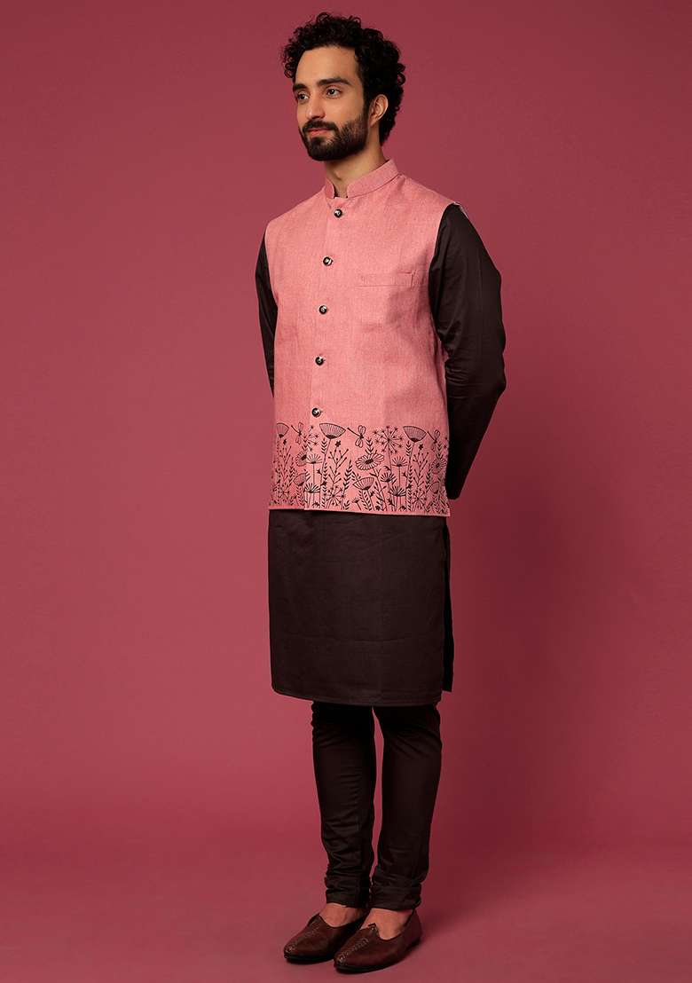 Black And Brown Block Print Satin Bundi Jacket And Kurta Set For Men - Indya