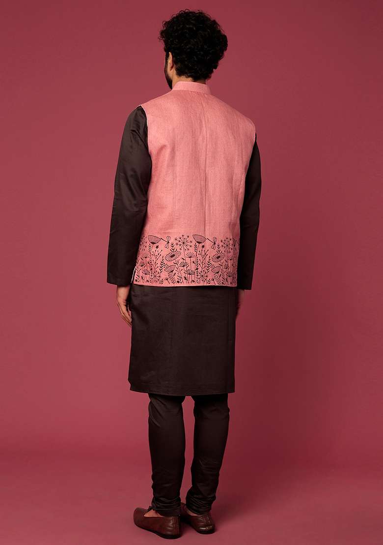Black And Brown Block Print Satin Bundi Jacket And Kurta Set For Men - Indya