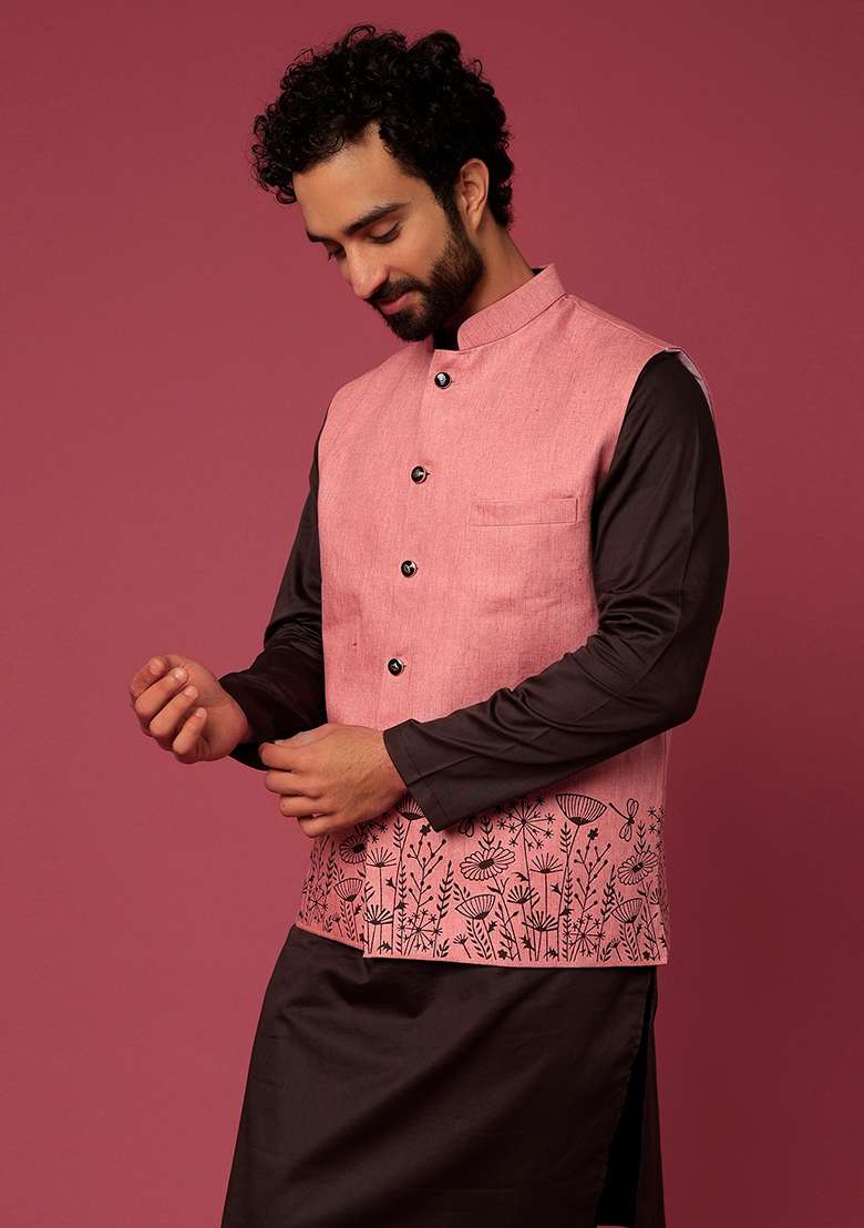 Black And Brown Block Print Satin Bundi Jacket And Kurta Set For Men - Indya