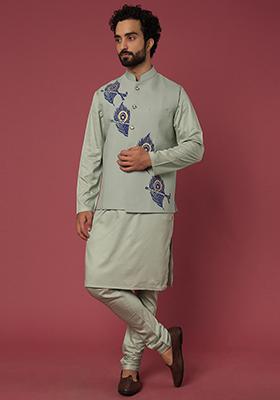 Olive Green Block Print Satin Bundi Jacket And Kurta Set For Men