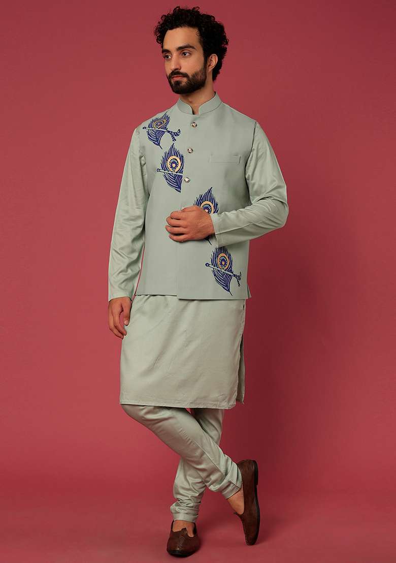Olive Green Block Print Satin Bundi Jacket And Kurta Set For Men - Indya