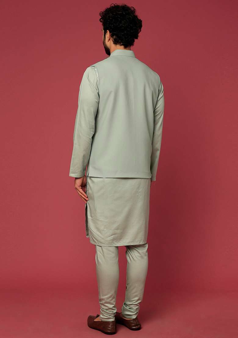 Olive Green Block Print Satin Bundi Jacket And Kurta Set For Men - Indya