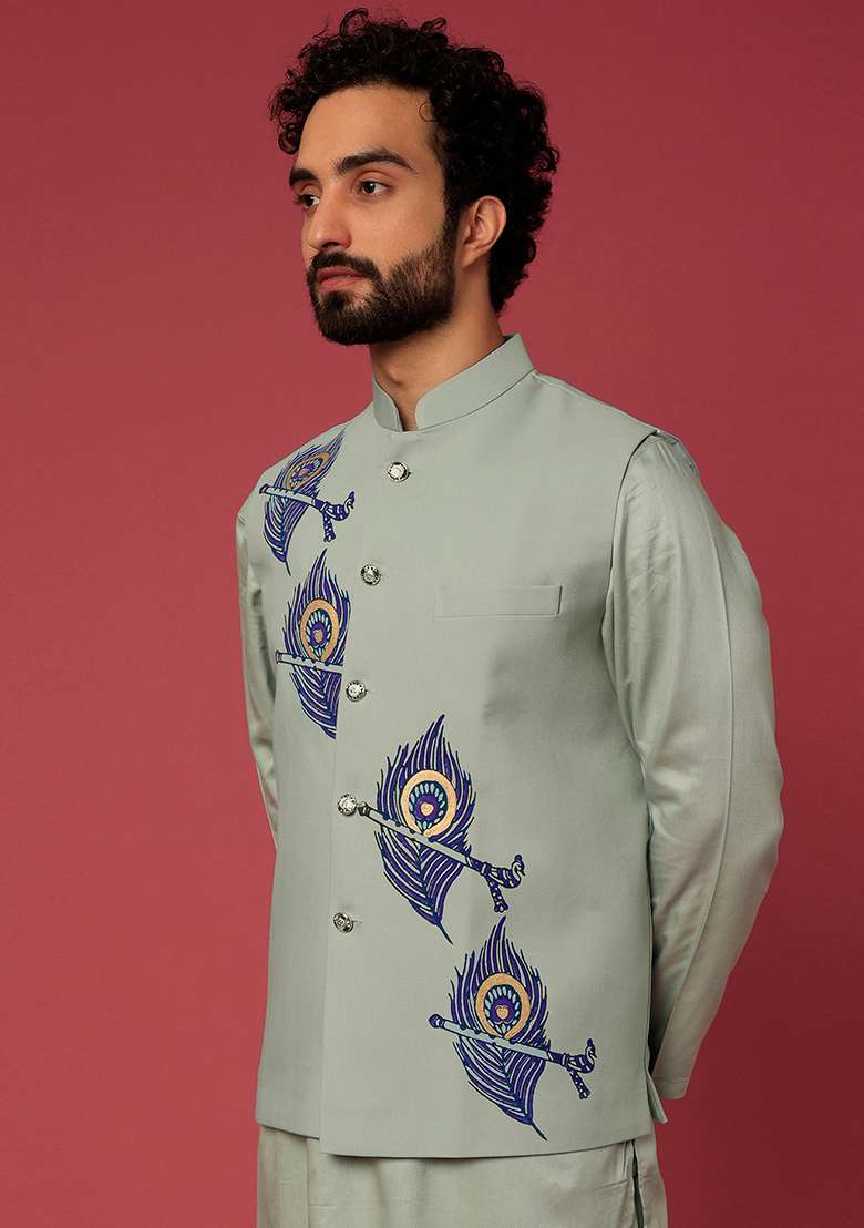Olive Green Block Print Satin Bundi Jacket And Kurta Set For Men - Indya
