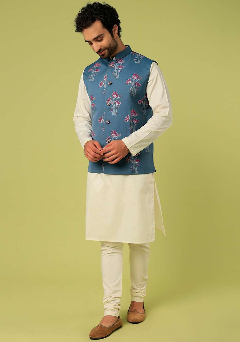 White And Blue Block Print Satin Bundi And Kurta Set For Men - Indya