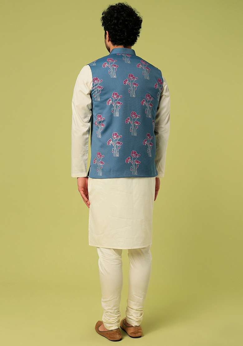 White And Blue Block Print Satin Bundi And Kurta Set For Men - Indya