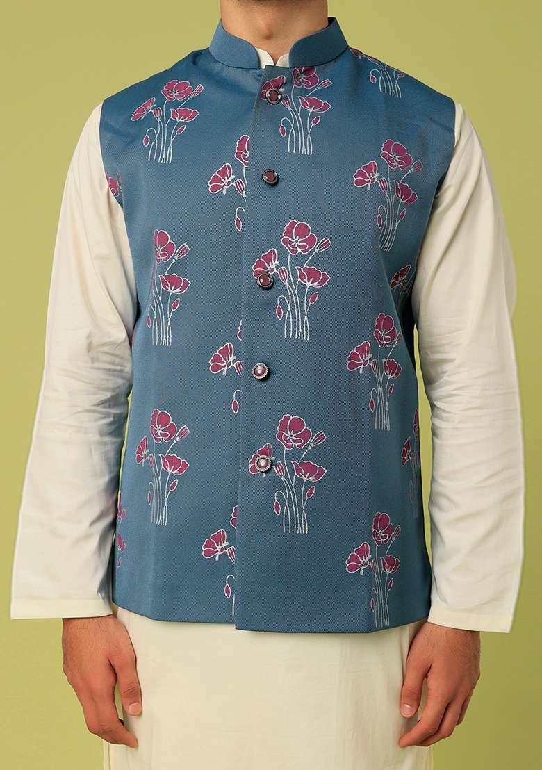 White And Blue Block Print Satin Bundi And Kurta Set For Men - Indya