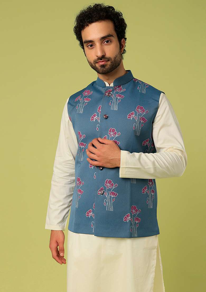 White And Blue Block Print Satin Bundi And Kurta Set For Men - Indya