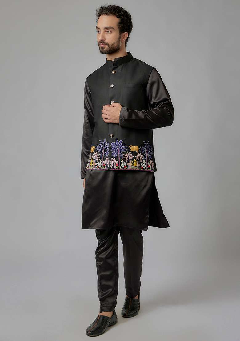 Black Thread Embroidered Cotton Bundi Jacket And Kurta Set For Men - Indya
