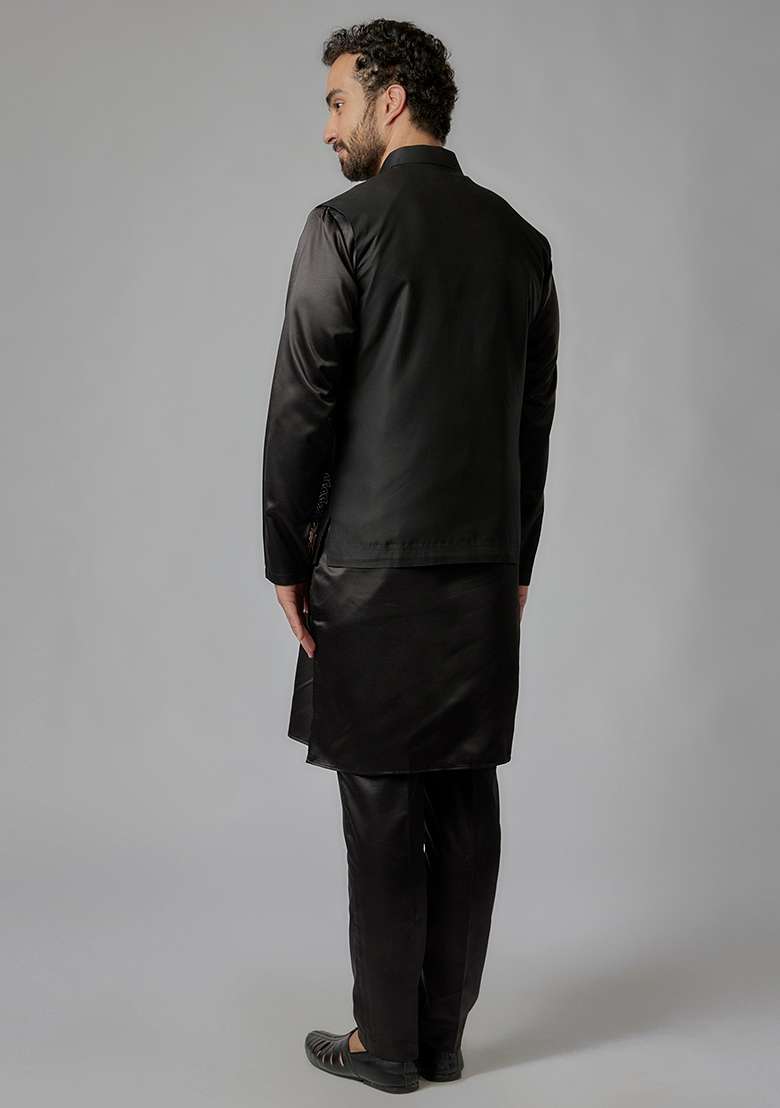 Black Thread Embroidered Cotton Bundi Jacket And Kurta Set For Men - Indya