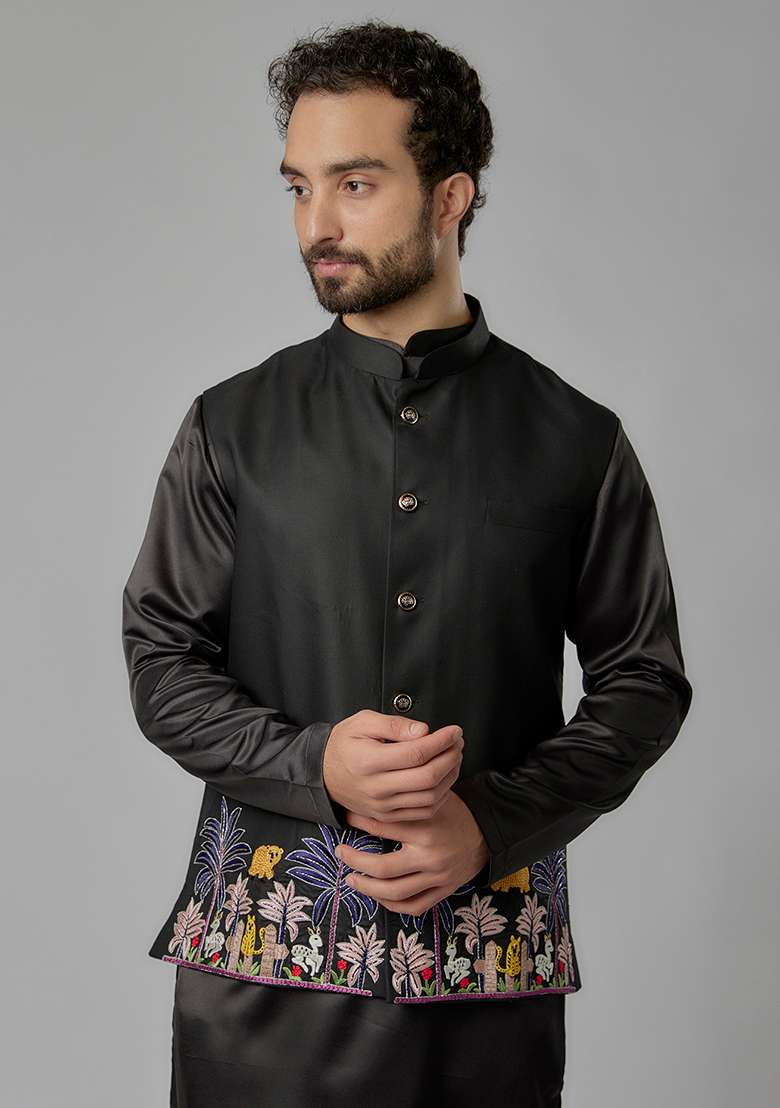 Black Thread Embroidered Cotton Bundi Jacket And Kurta Set For Men - Indya