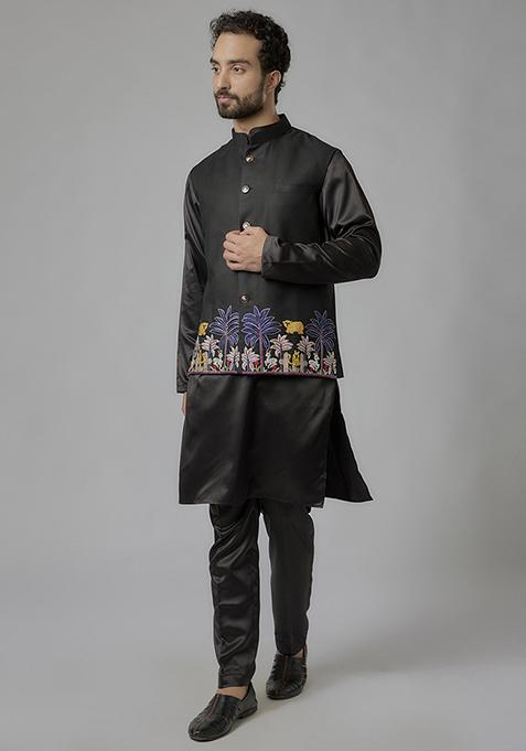 Black Thread Embroidered Cotton Bundi Jacket And Kurta Set For Men