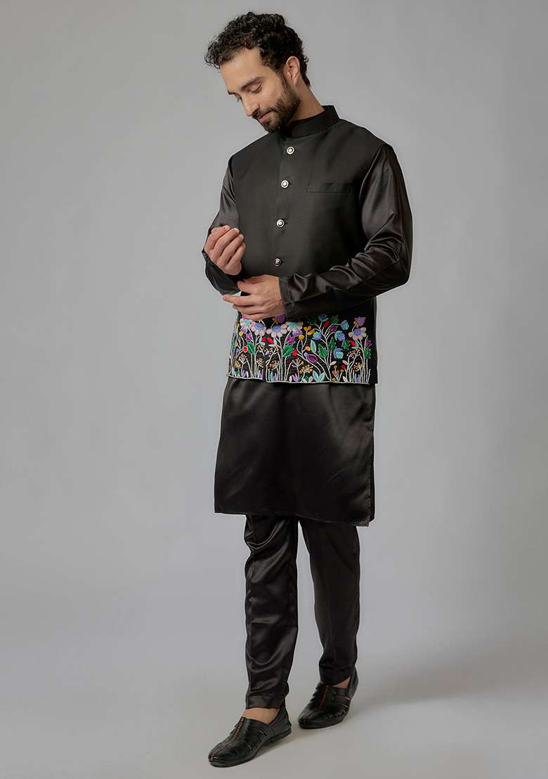 Black Thread Embroidered Cotton Satin Bundi Jacket And Kurta Set For Men - Indya