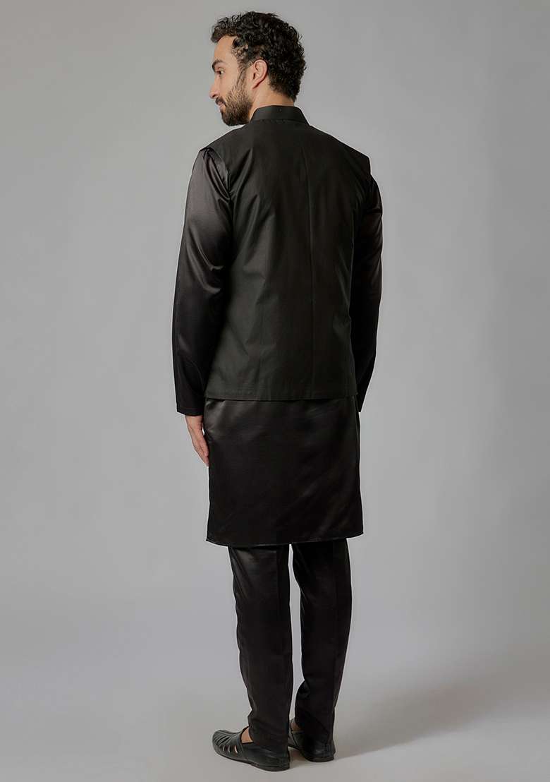 Black Thread Embroidered Cotton Satin Bundi Jacket And Kurta Set For Men - Indya