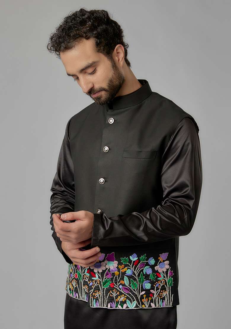 Black Thread Embroidered Cotton Satin Bundi Jacket And Kurta Set For Men - Indya