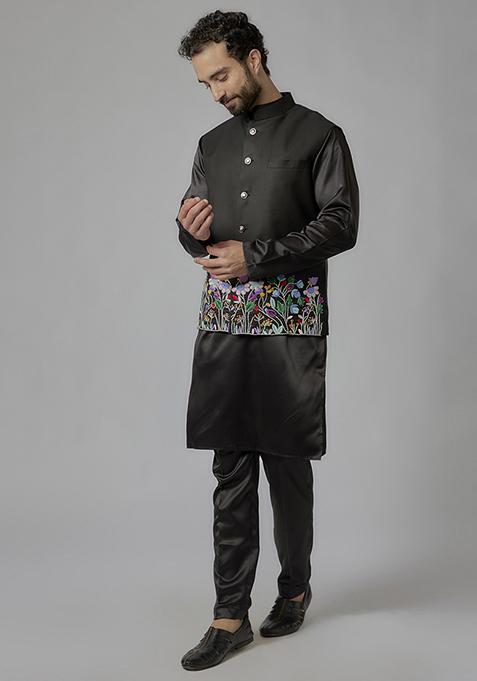 Black Thread Embroidered Cotton Satin Bundi Jacket And Kurta Set For Men