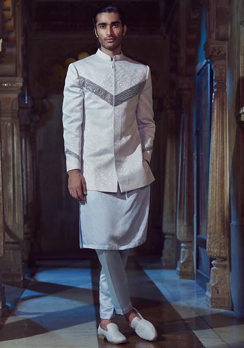 Pale Blue Rang Mahal Embroidered Linen Satin Jacket And Kurta Set For Men